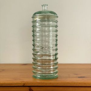 Unique clear, ribbed vase or glass storage jar- one of a kind vintage